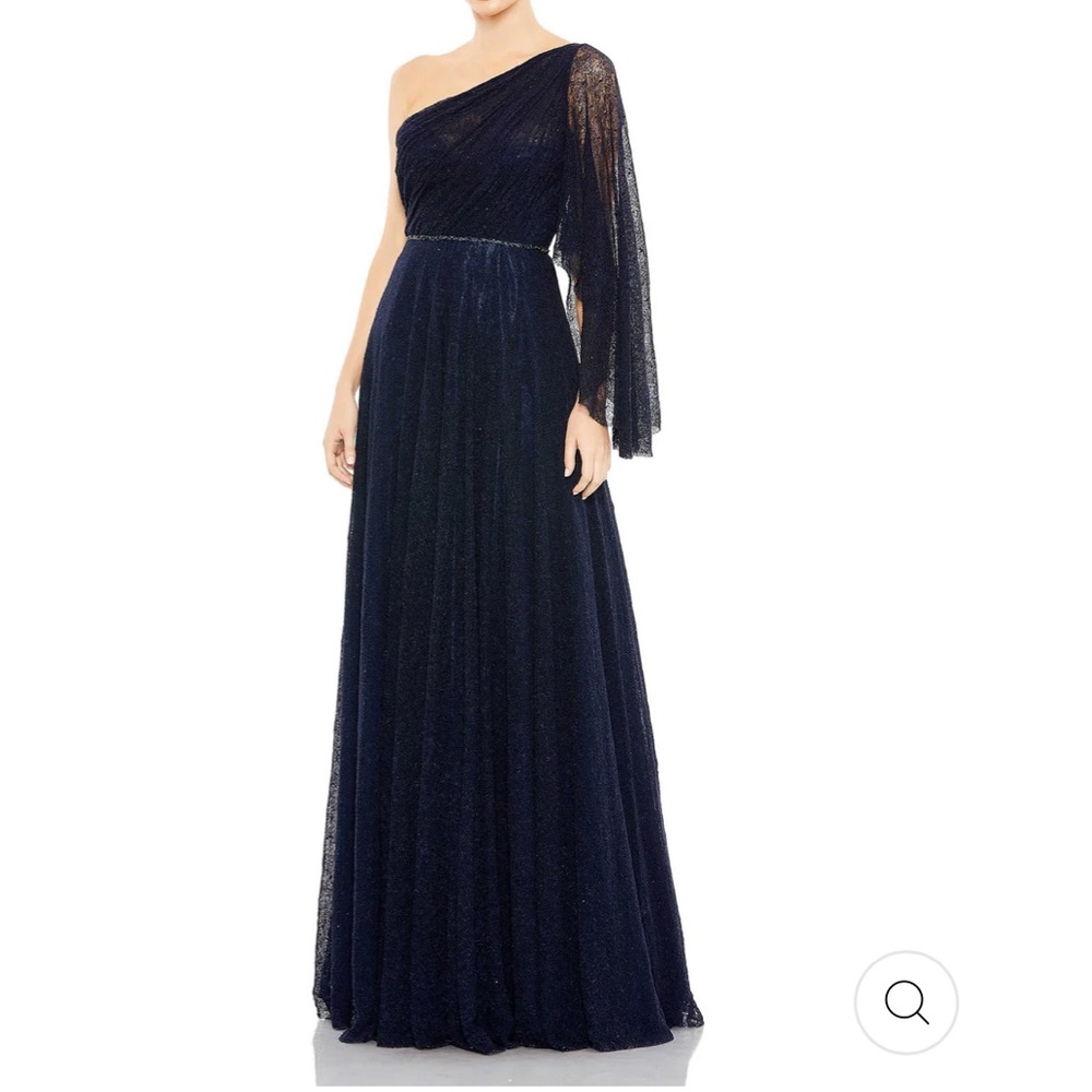 NWOT Mac Duggal lace drape one shoulder gown